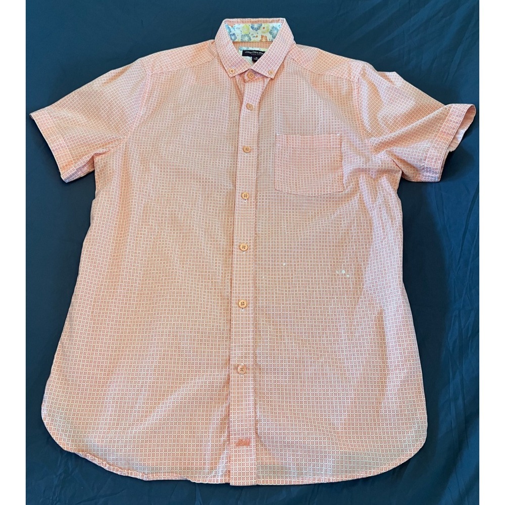 Johnston & Murphy Button Down Men's‎ Orange White Geometric Shirt-Medium